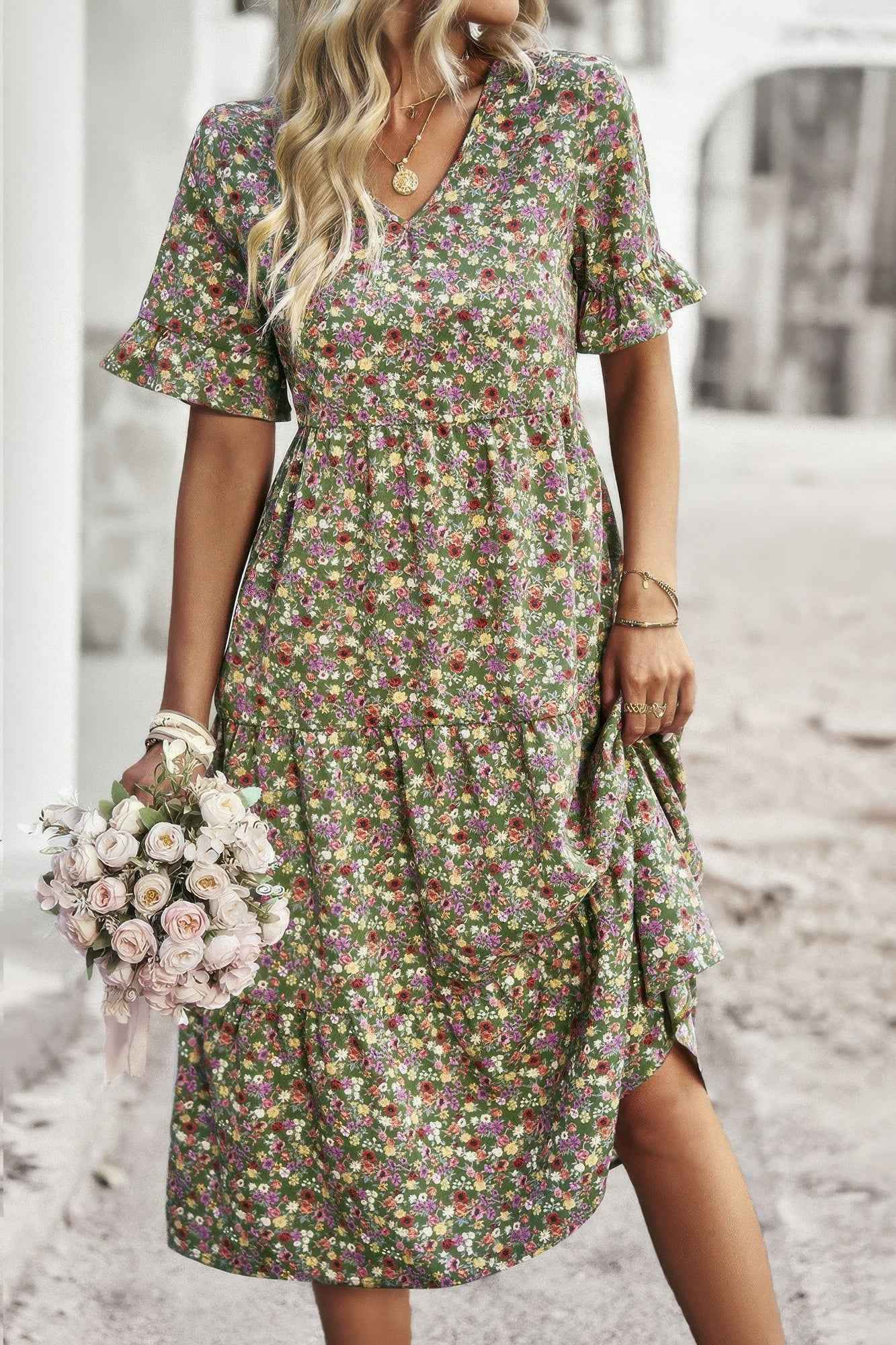 Boho Floral Ruffle Hem V Neck Short Sleeve Dress
