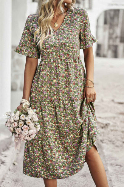 Boho Floral Ruffle Hem V Neck Short Sleeve Dress