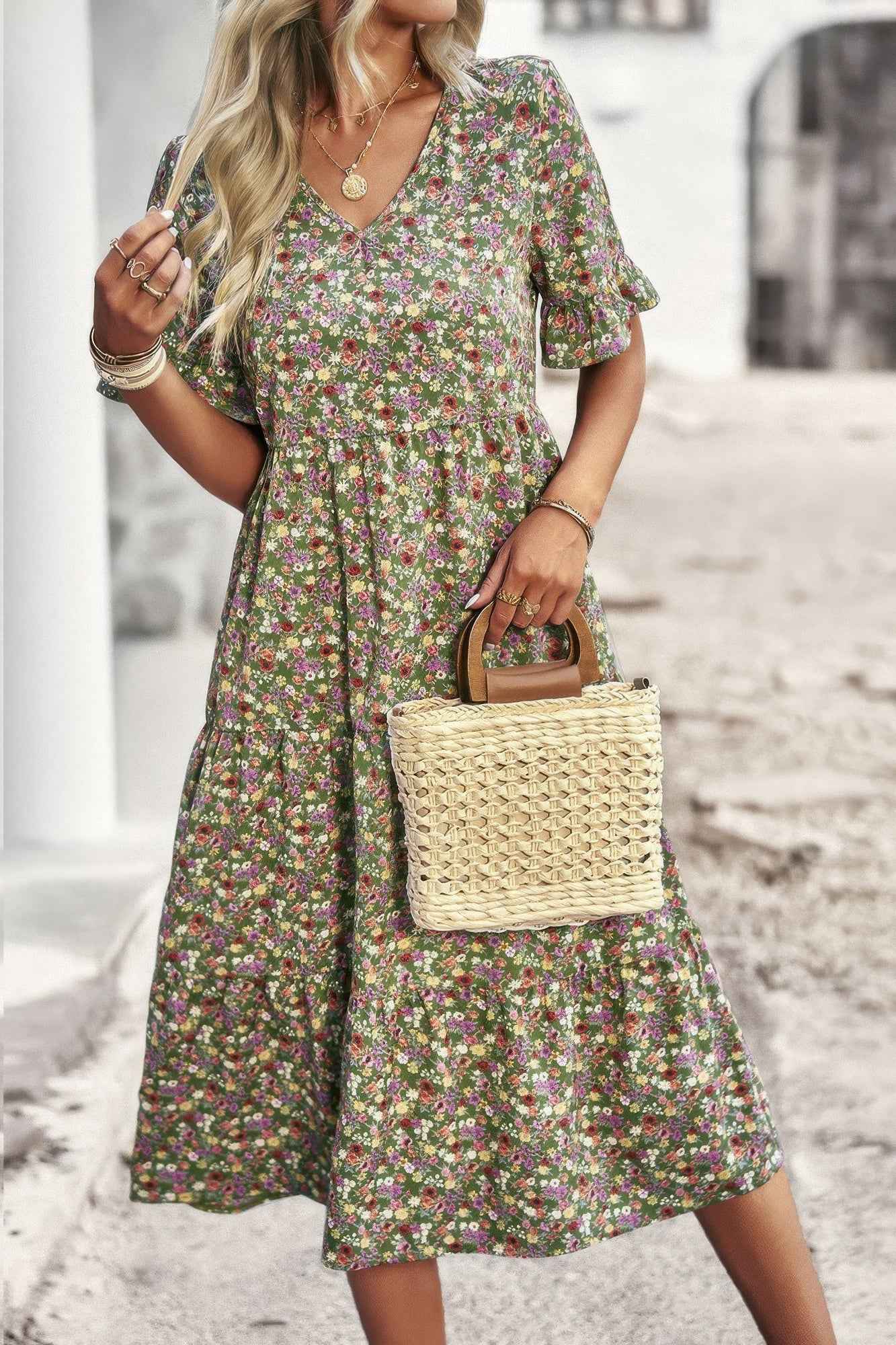 Boho Floral Ruffle Hem V Neck Short Sleeve Dress