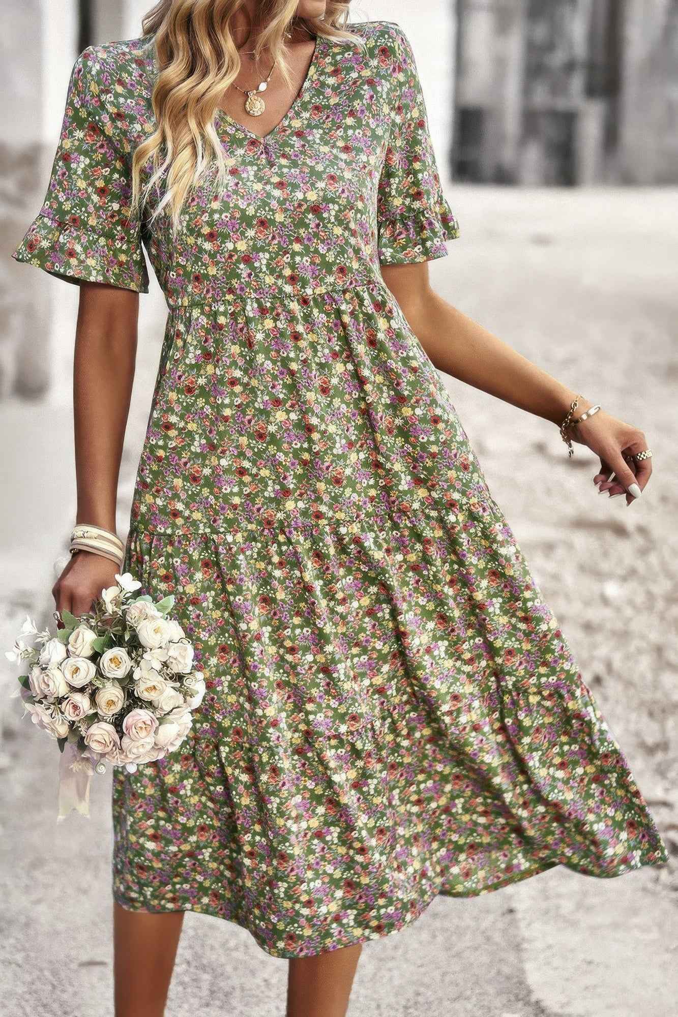 Boho Floral Ruffle Hem V Neck Short Sleeve Dress