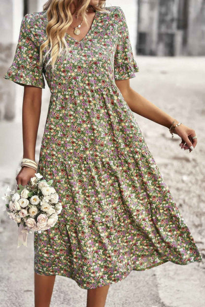 Boho Floral Ruffle Hem V Neck Short Sleeve Dress