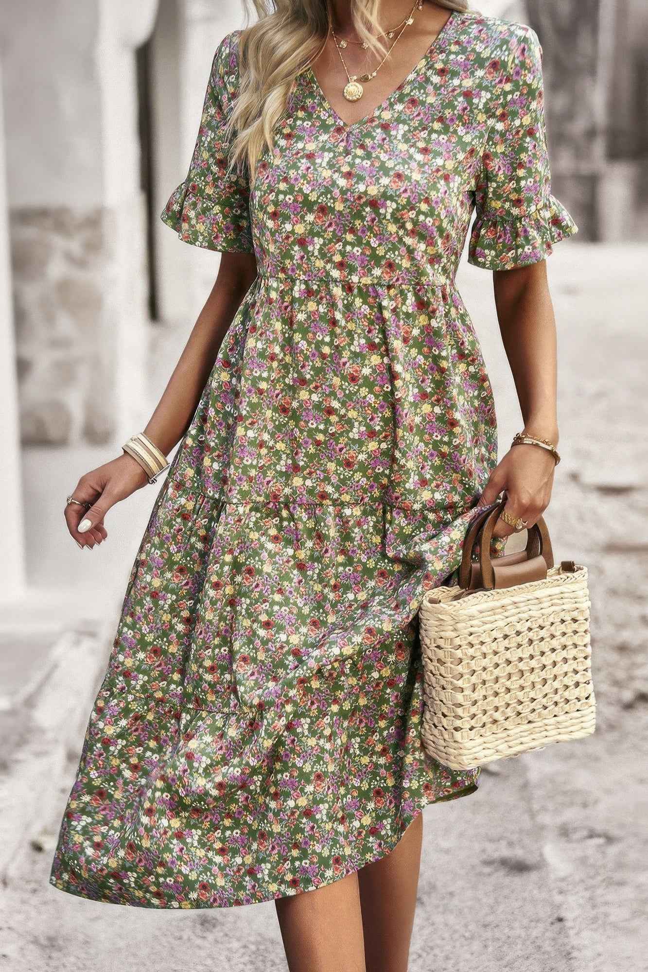 Boho Floral Ruffle Hem V Neck Short Sleeve Dress