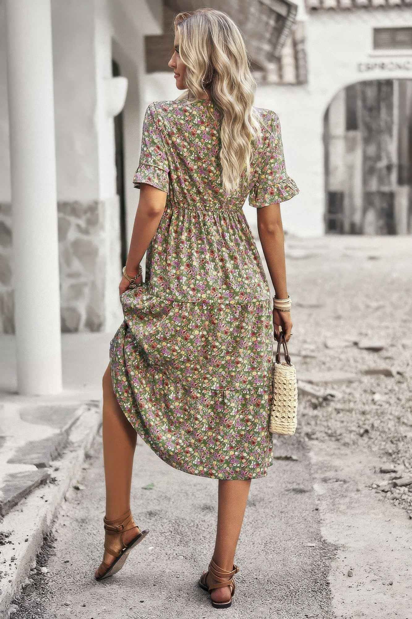 Boho Floral Ruffle Hem V Neck Short Sleeve Dress