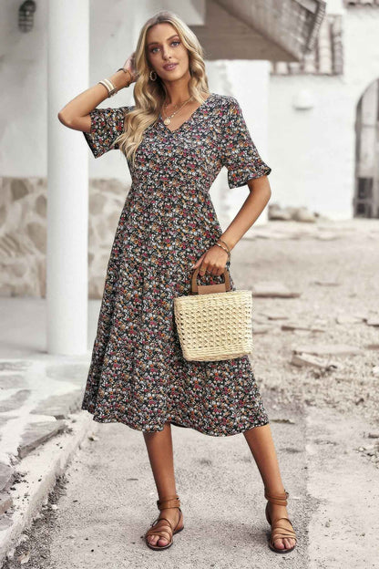 Boho Floral Ruffle Hem V Neck Short Sleeve Dress