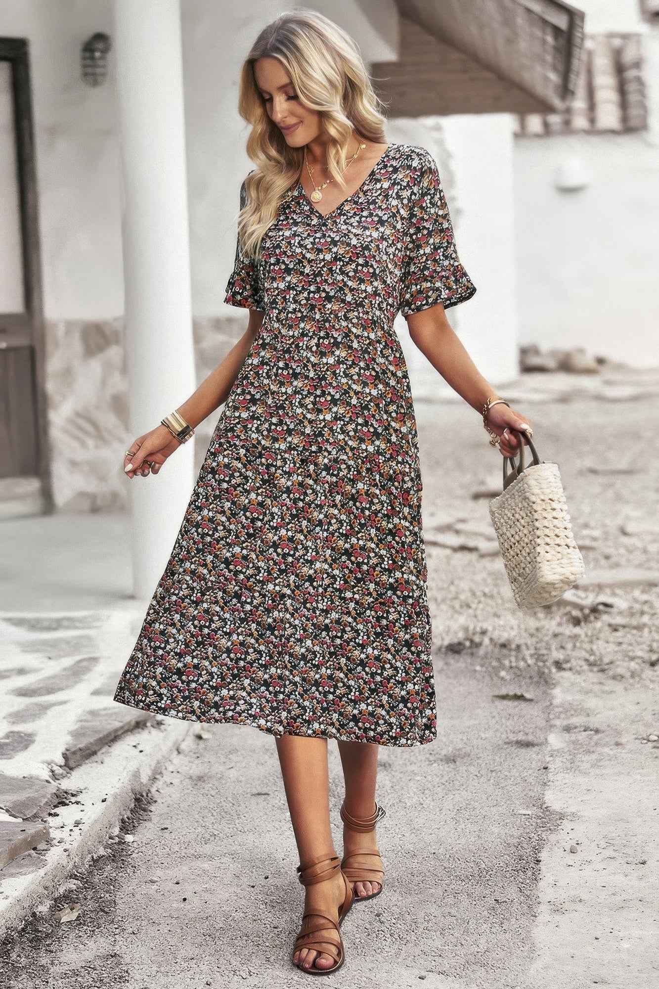 Boho Floral Ruffle Hem V Neck Short Sleeve Dress