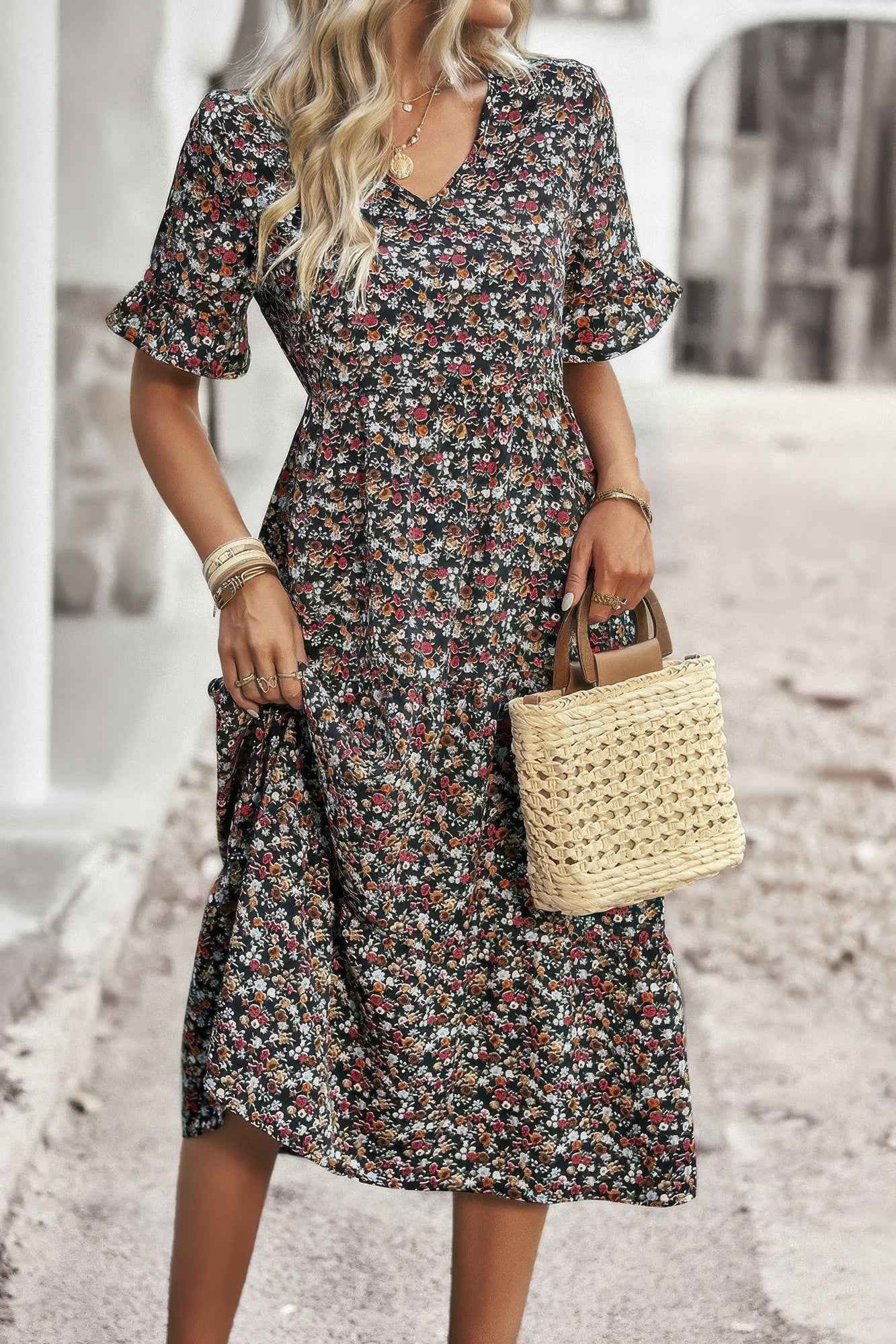 Boho Floral Ruffle Hem V Neck Short Sleeve Dress