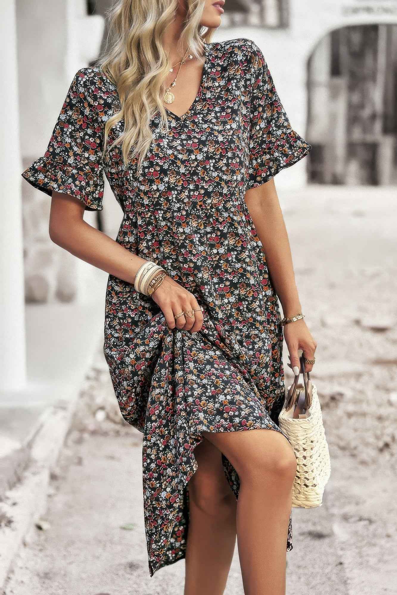 Boho Floral Ruffle Hem V Neck Short Sleeve Dress