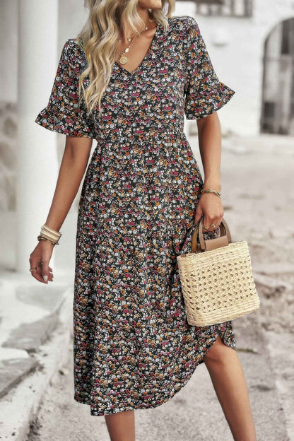 Boho Floral Ruffle Hem V Neck Short Sleeve Dress