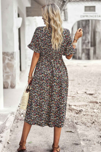 Boho Floral Ruffle Hem V Neck Short Sleeve Dress