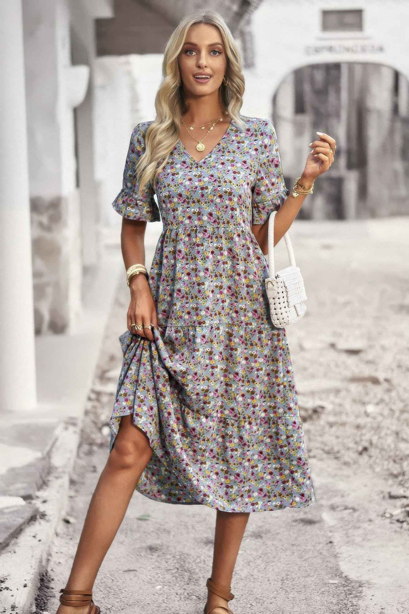 Boho Floral Ruffle Hem V Neck Short Sleeve Dress