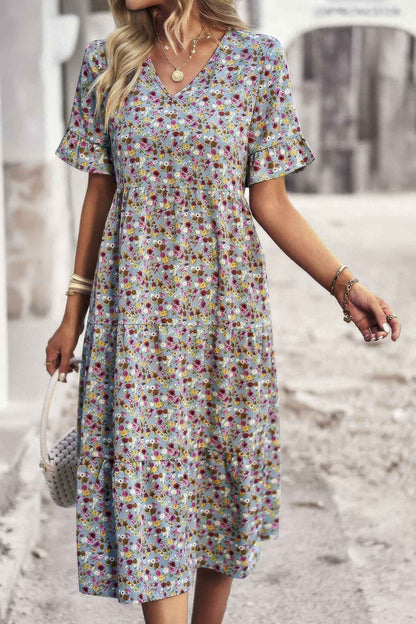 Boho Floral Ruffle Hem V Neck Short Sleeve Dress