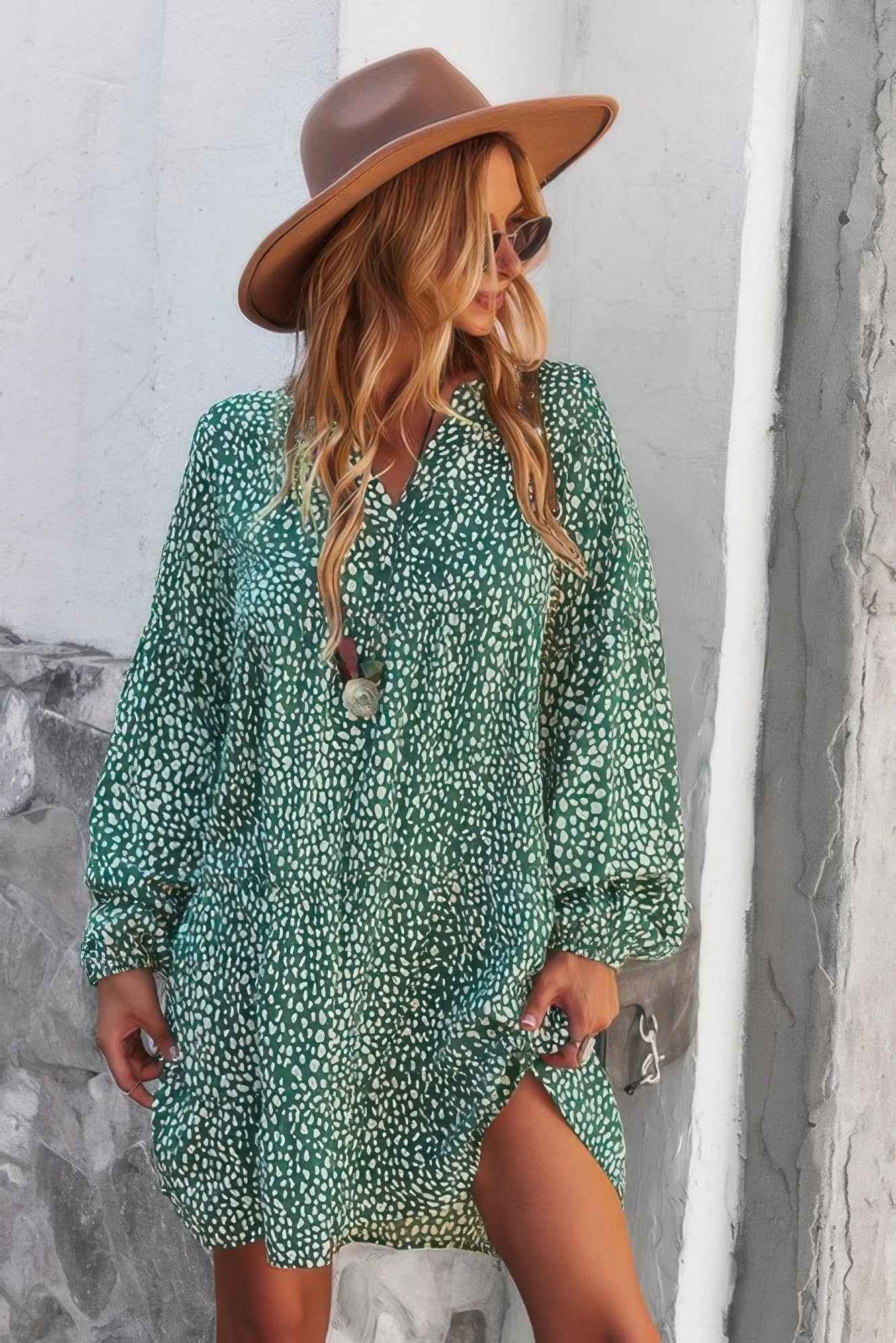 V Neck Drop Shoulder Cheetah Print Tunic Dress