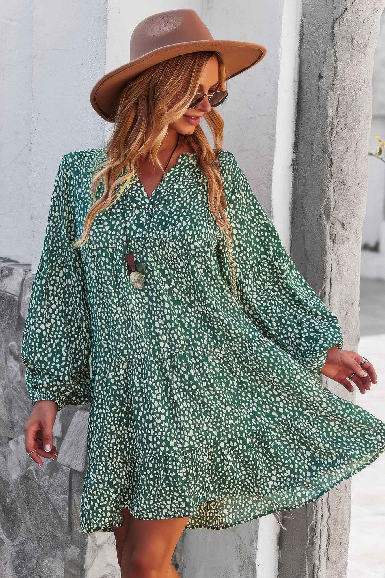 V Neck Drop Shoulder Cheetah Print Tunic Dress