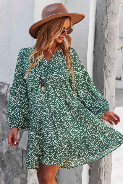 V Neck Drop Shoulder Cheetah Print Tunic Dress