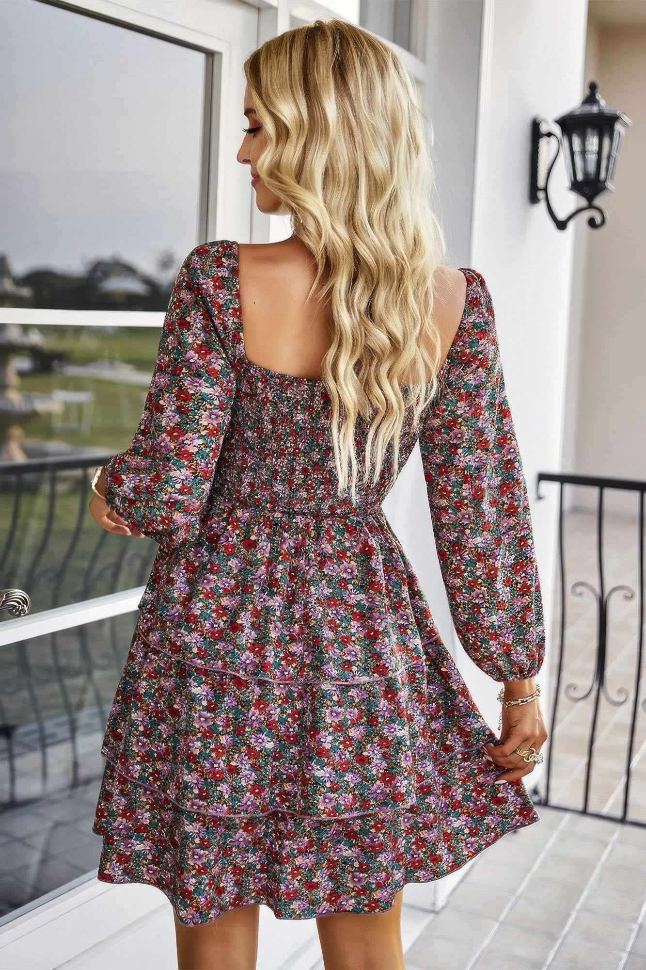 Square Neck Solid Lace Up Cocktail Dress