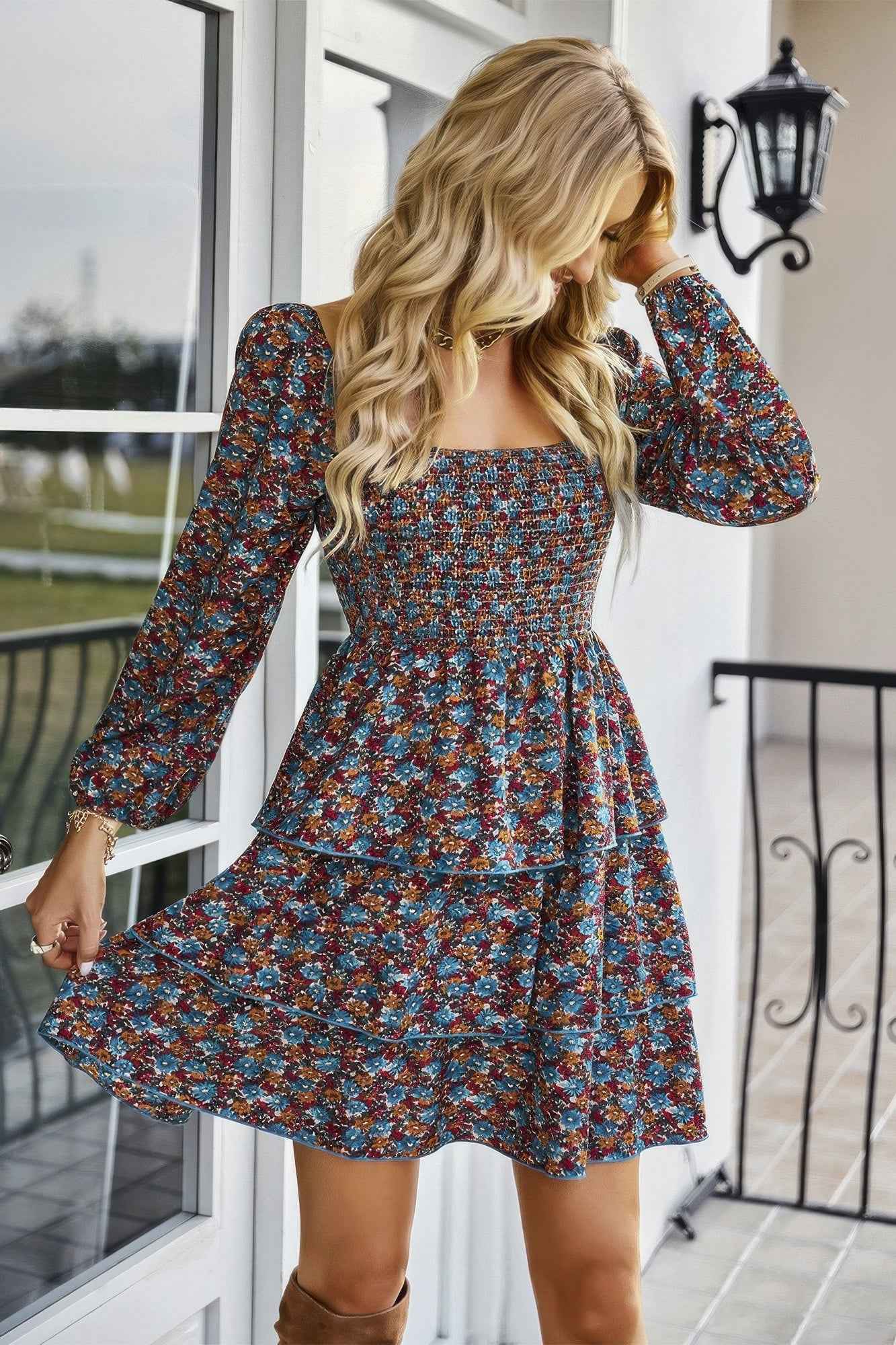 Square Neck Solid Lace Up Cocktail Dress