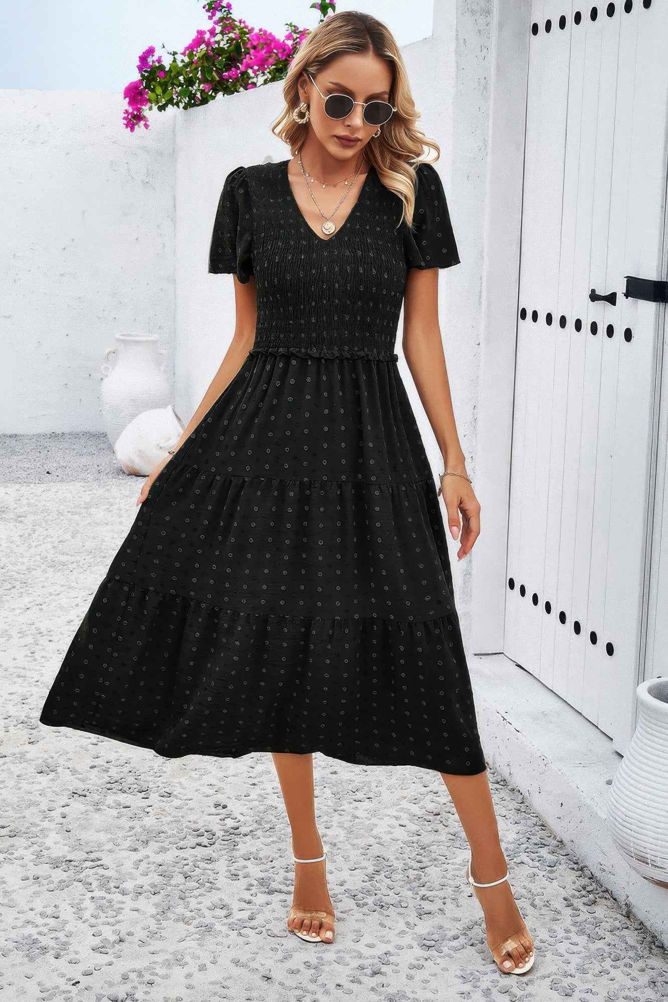 Elegant Ruched V Neck Short Sleeve Pleated Dress