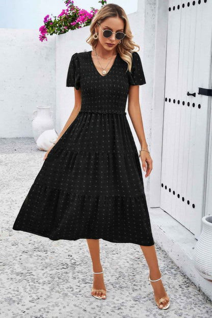 Elegant Ruched V Neck Short Sleeve Pleated Dress