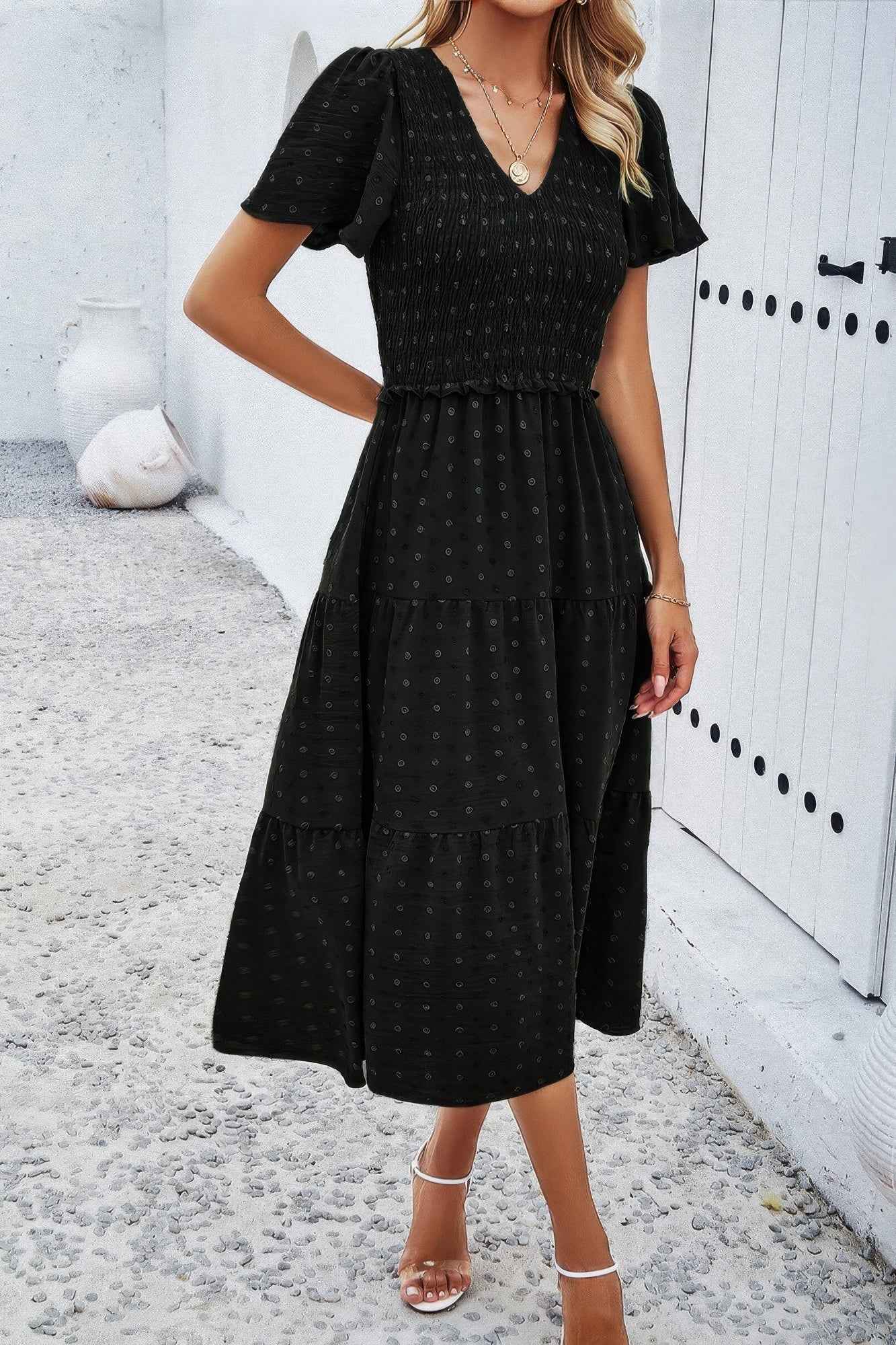 Elegant Ruched V Neck Short Sleeve Pleated Dress