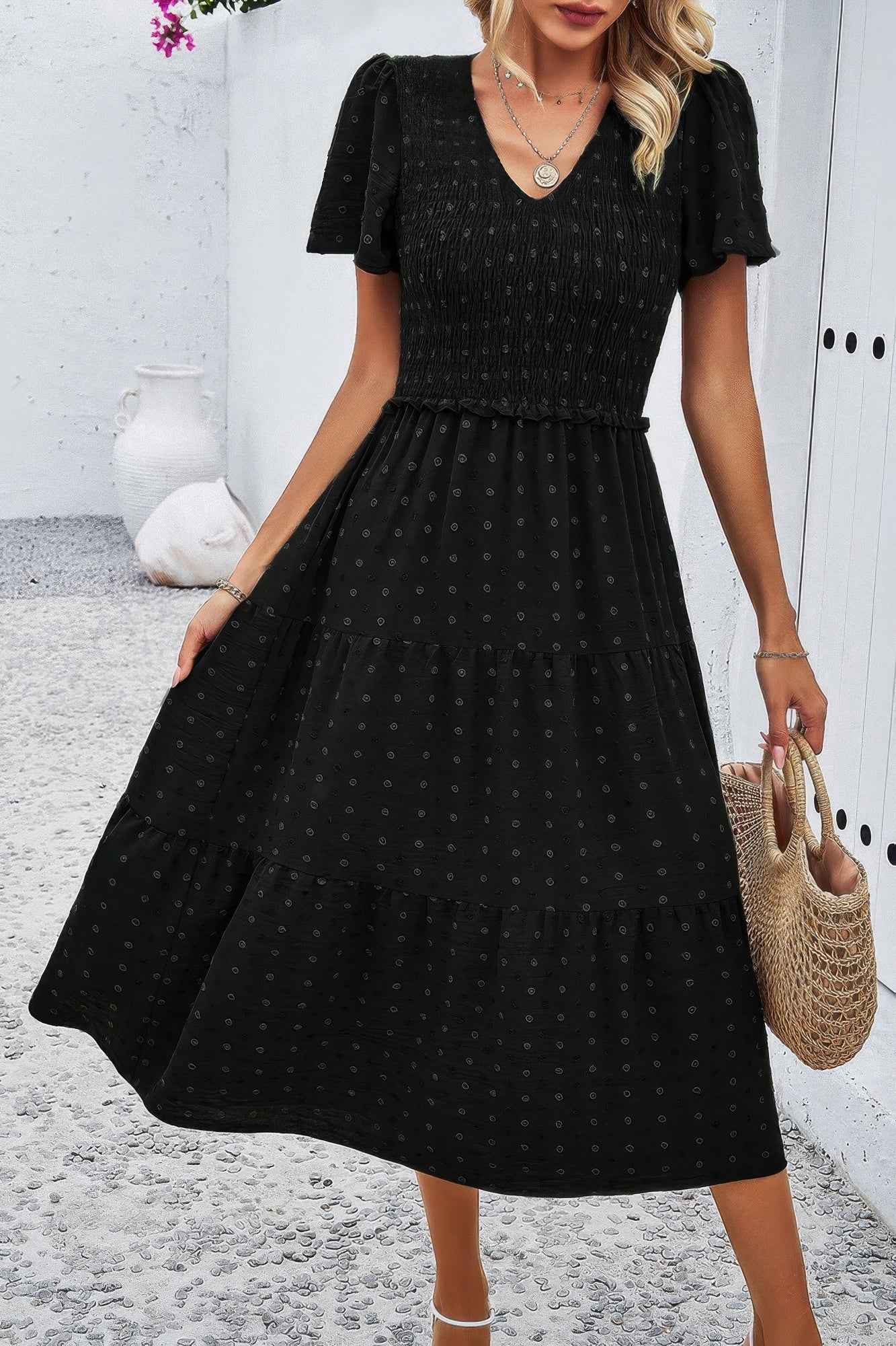 Elegant Ruched V Neck Short Sleeve Pleated Dress