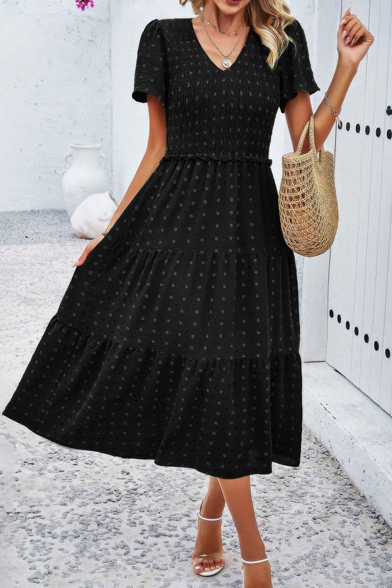 Elegant Ruched V Neck Short Sleeve Pleated Dress