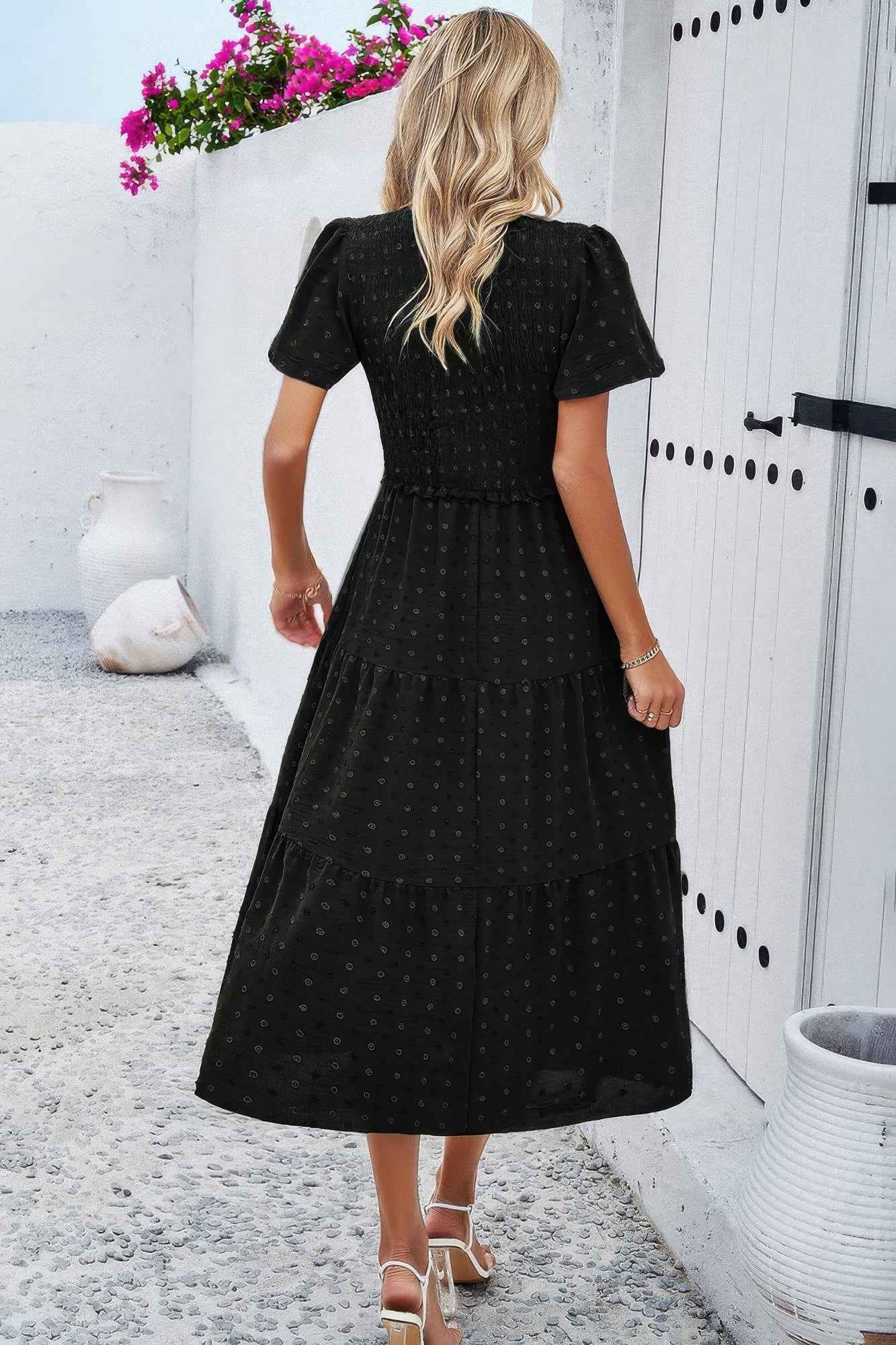 Elegant Ruched V Neck Short Sleeve Pleated Dress