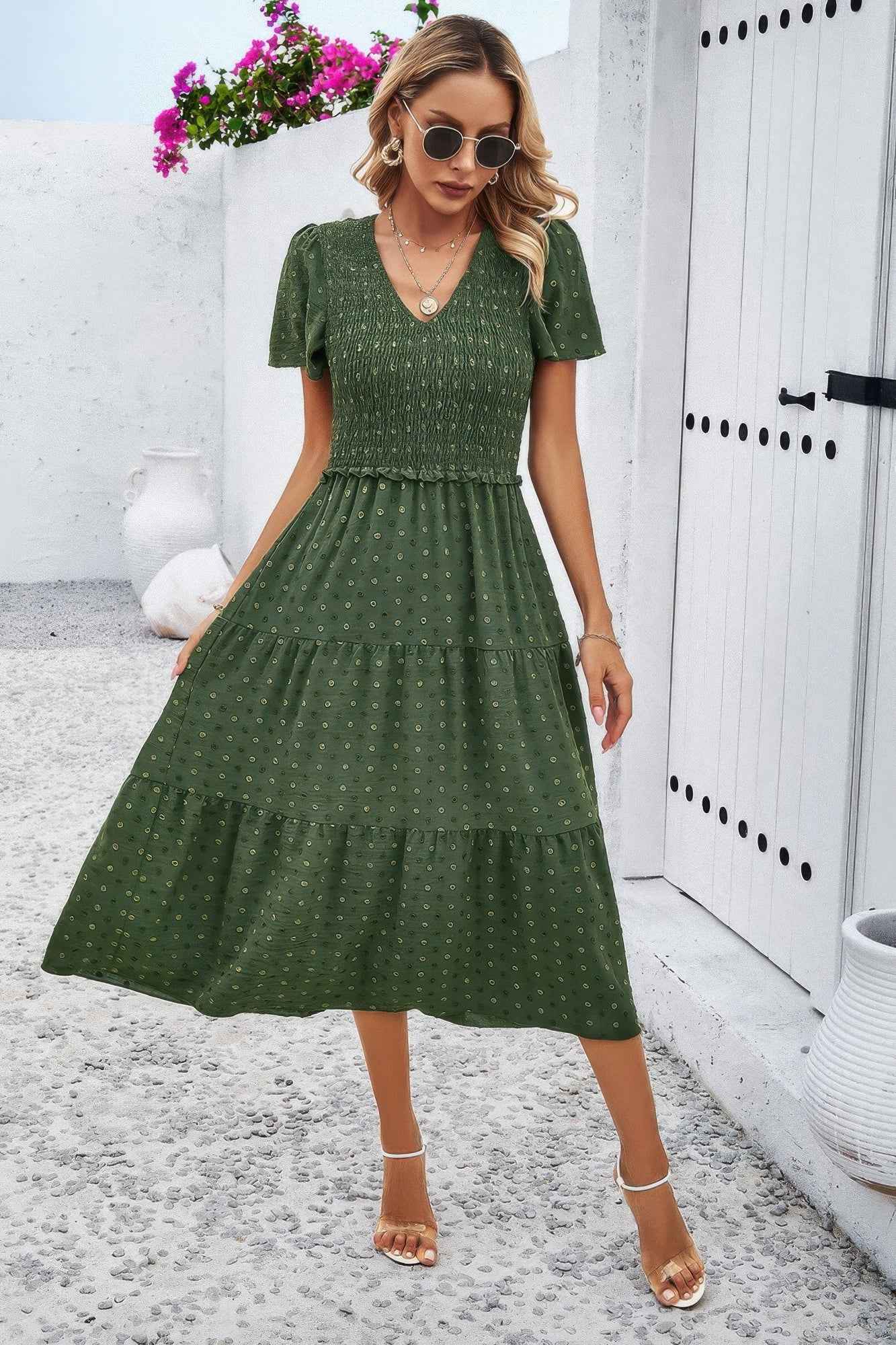 Elegant Ruched V Neck Short Sleeve Pleated Dress