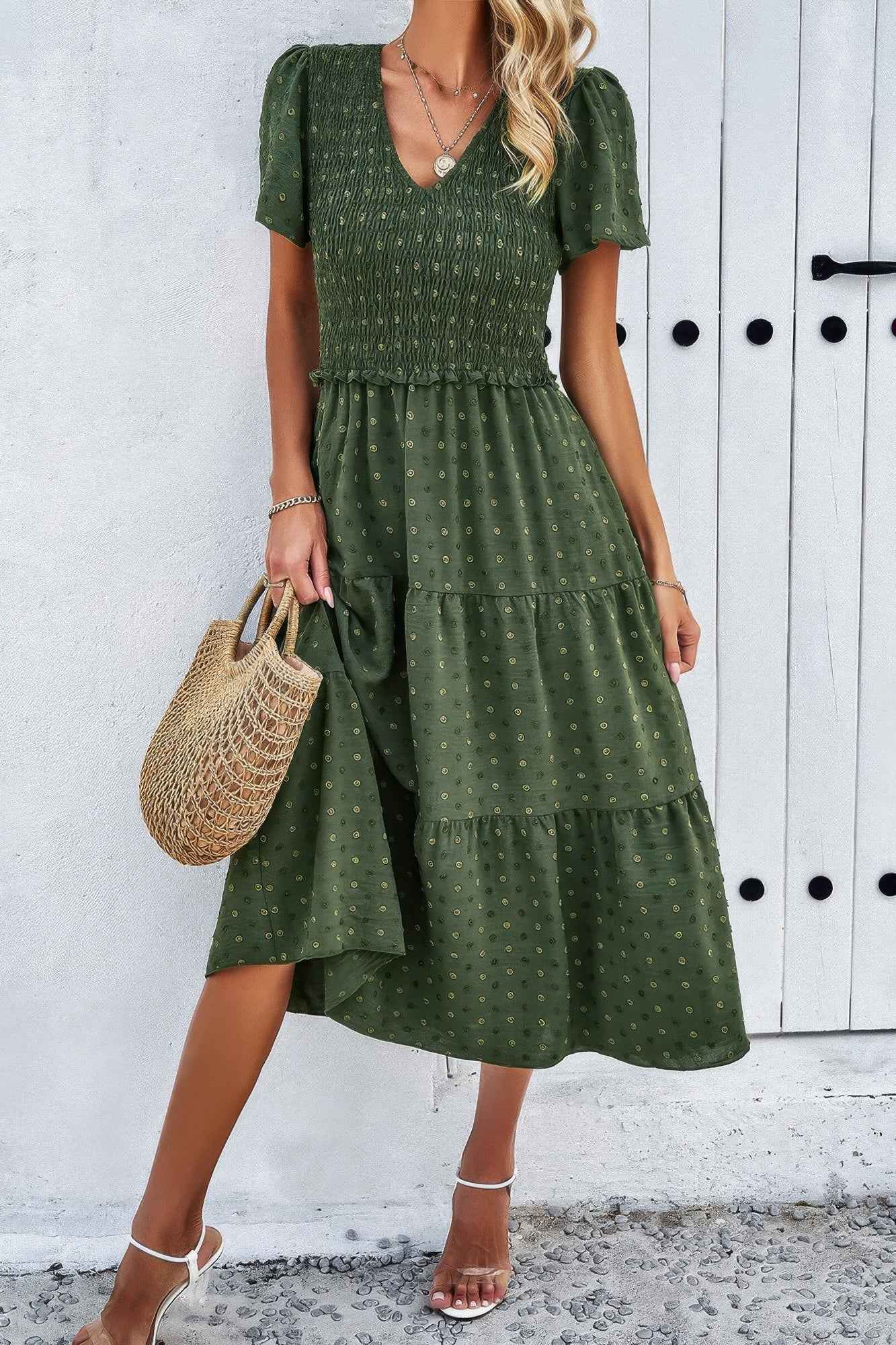 Elegant Ruched V Neck Short Sleeve Pleated Dress