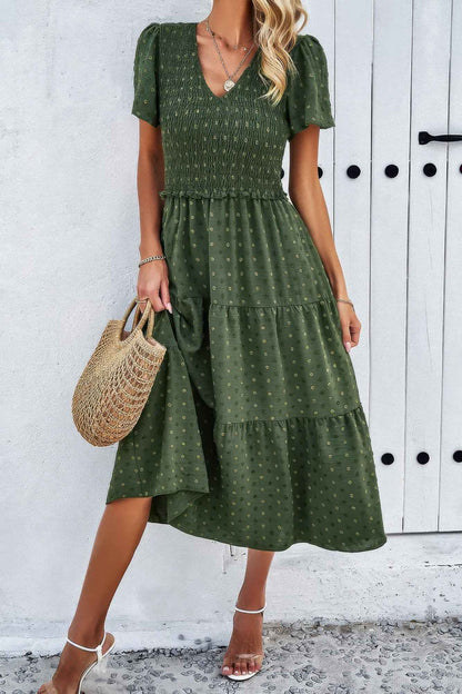 Elegant Ruched V Neck Short Sleeve Pleated Dress