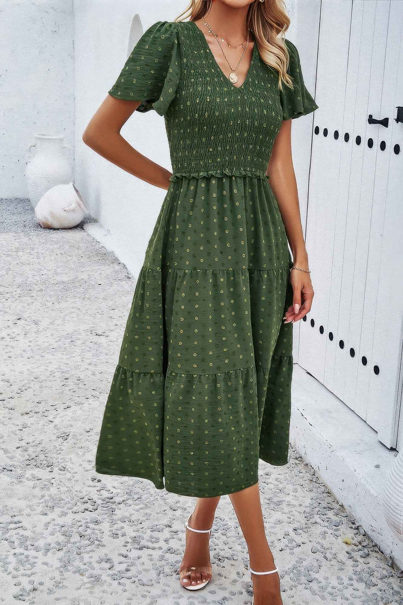 Elegant Ruched V Neck Short Sleeve Pleated Dress