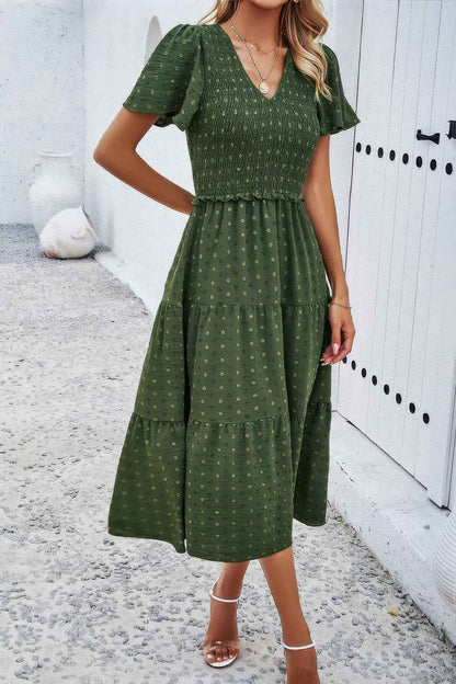 Elegant Ruched V Neck Short Sleeve Pleated Dress