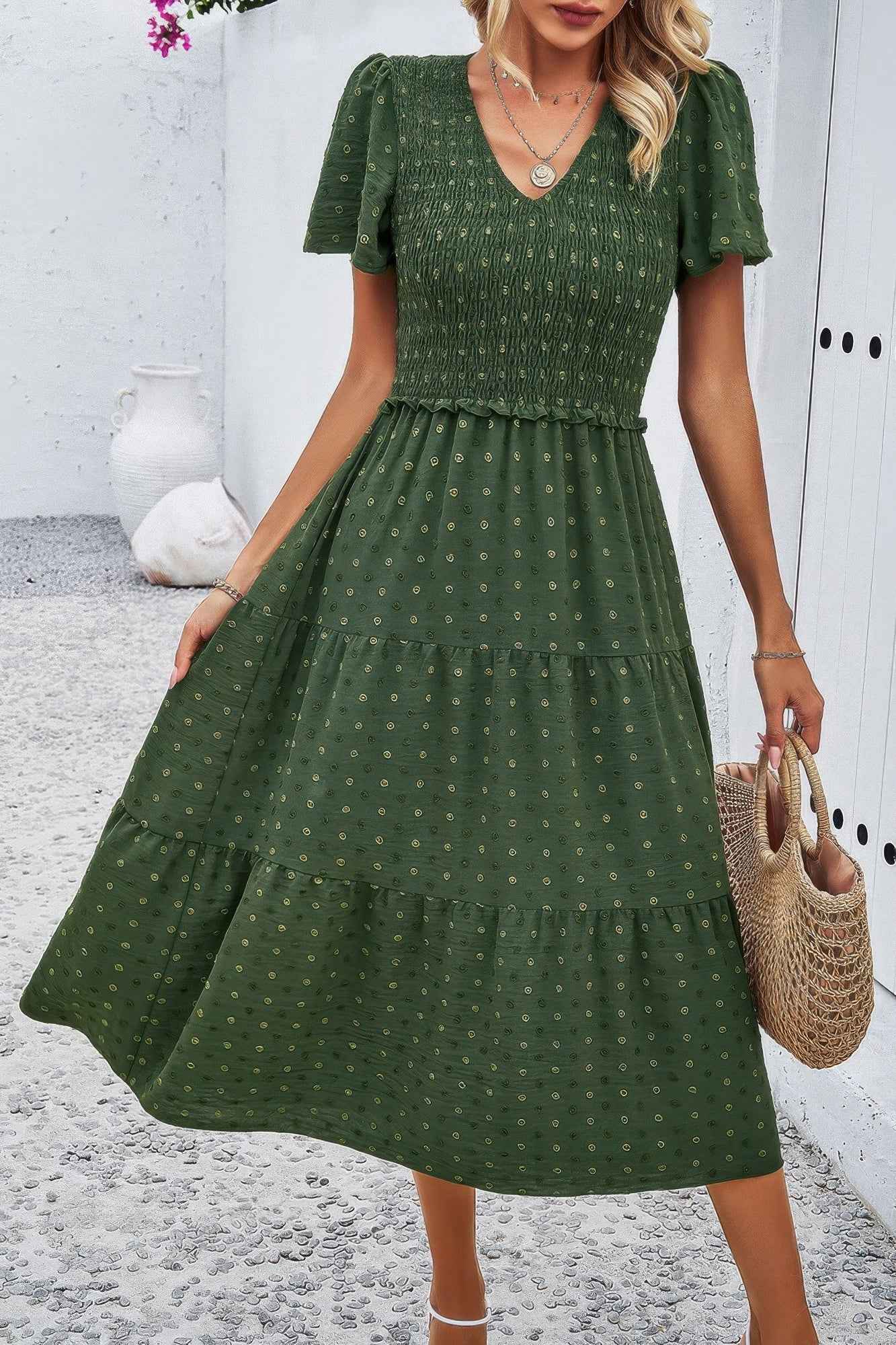Elegant Ruched V Neck Short Sleeve Pleated Dress