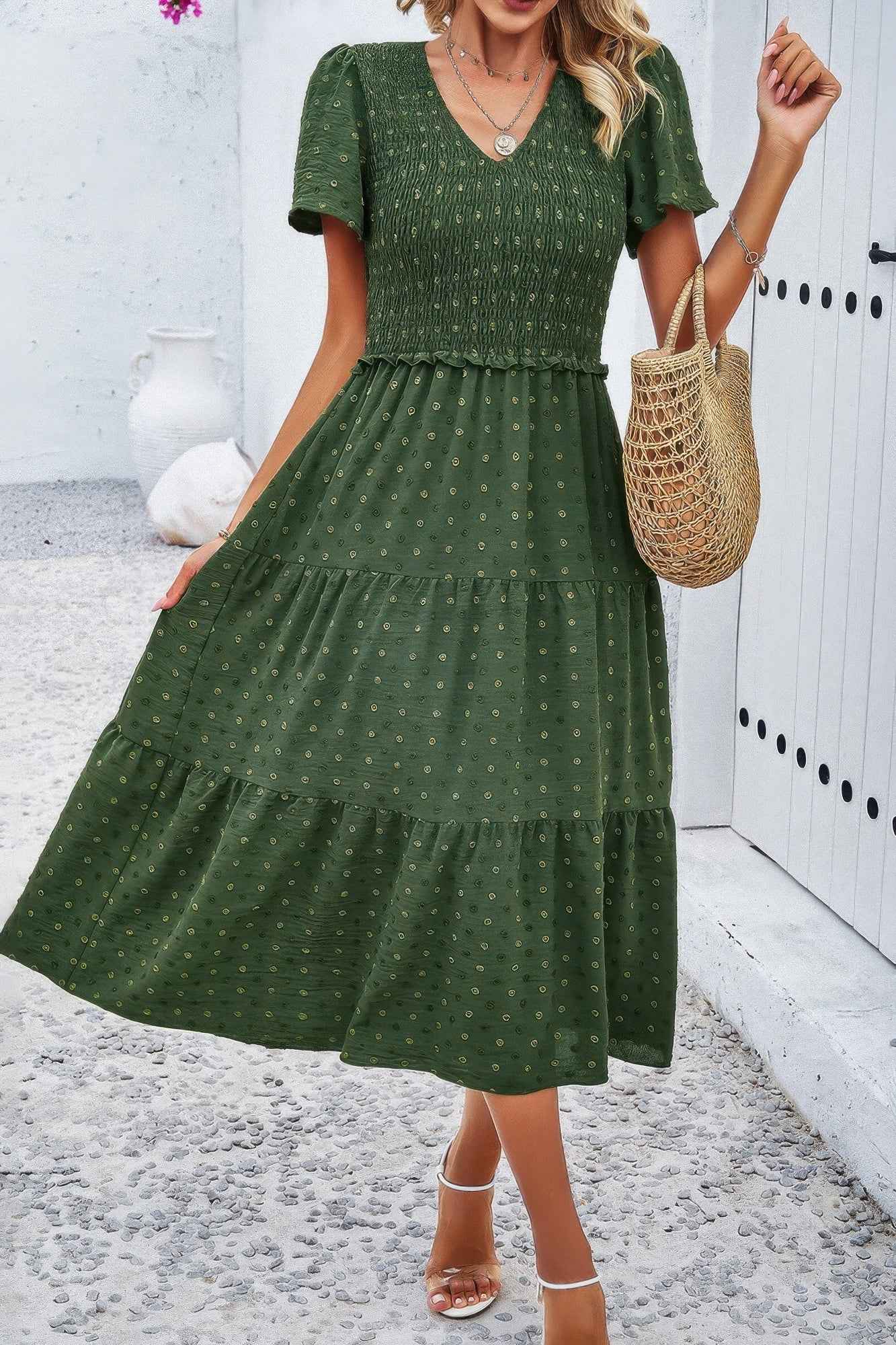 Elegant Ruched V Neck Short Sleeve Pleated Dress