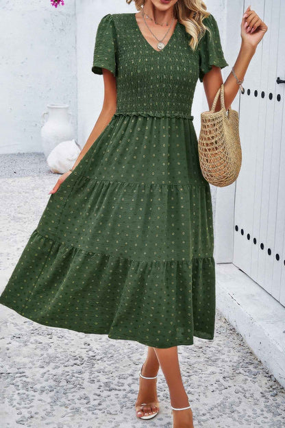 Elegant Ruched V Neck Short Sleeve Pleated Dress