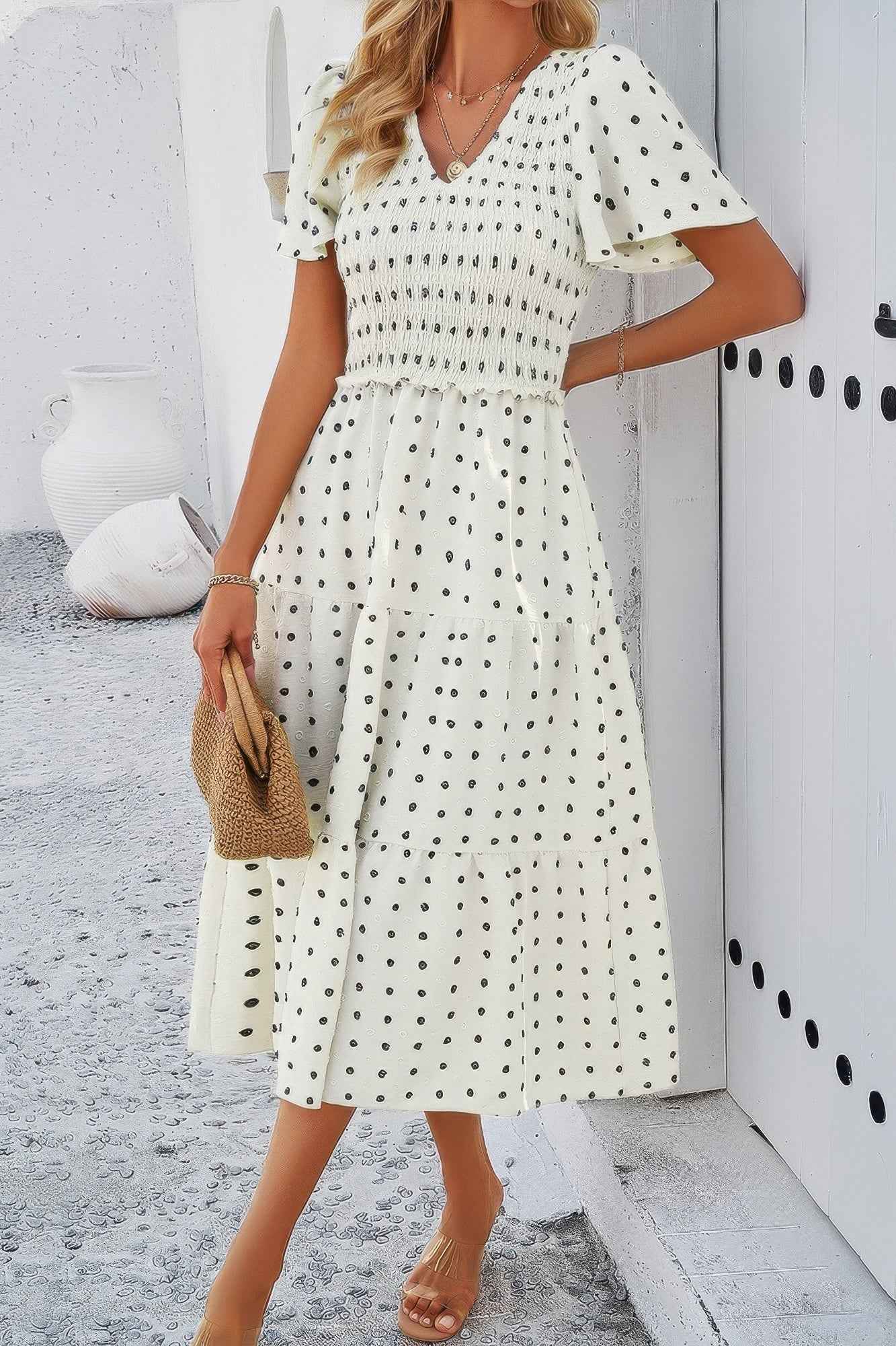 Elegant Ruched V Neck Short Sleeve Pleated Dress