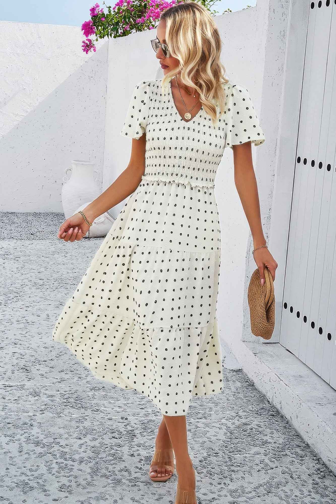 Elegant Ruched V Neck Short Sleeve Pleated Dress