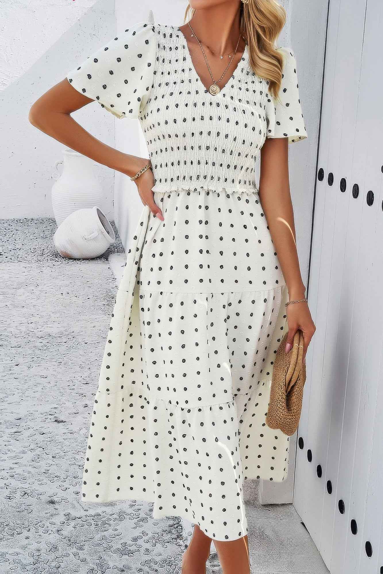 Elegant Ruched V Neck Short Sleeve Pleated Dress