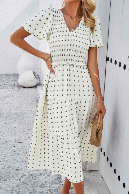 Elegant Ruched V Neck Short Sleeve Pleated Dress