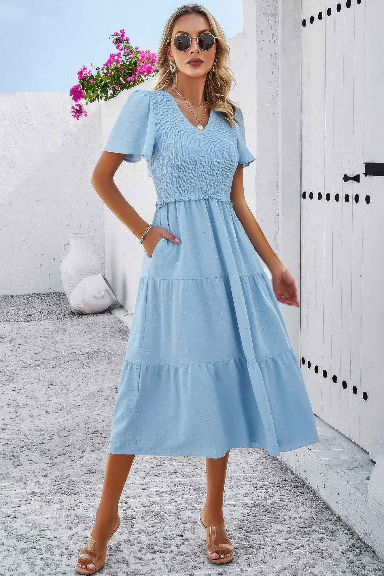 Elegant Ruched V Neck Short Sleeve Pleated Dress