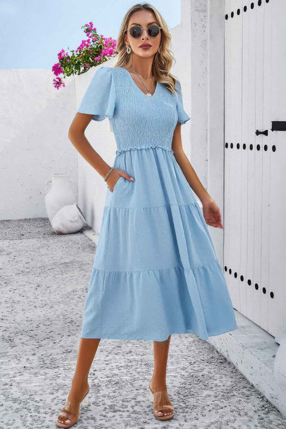 Elegant Ruched V Neck Short Sleeve Pleated Dress