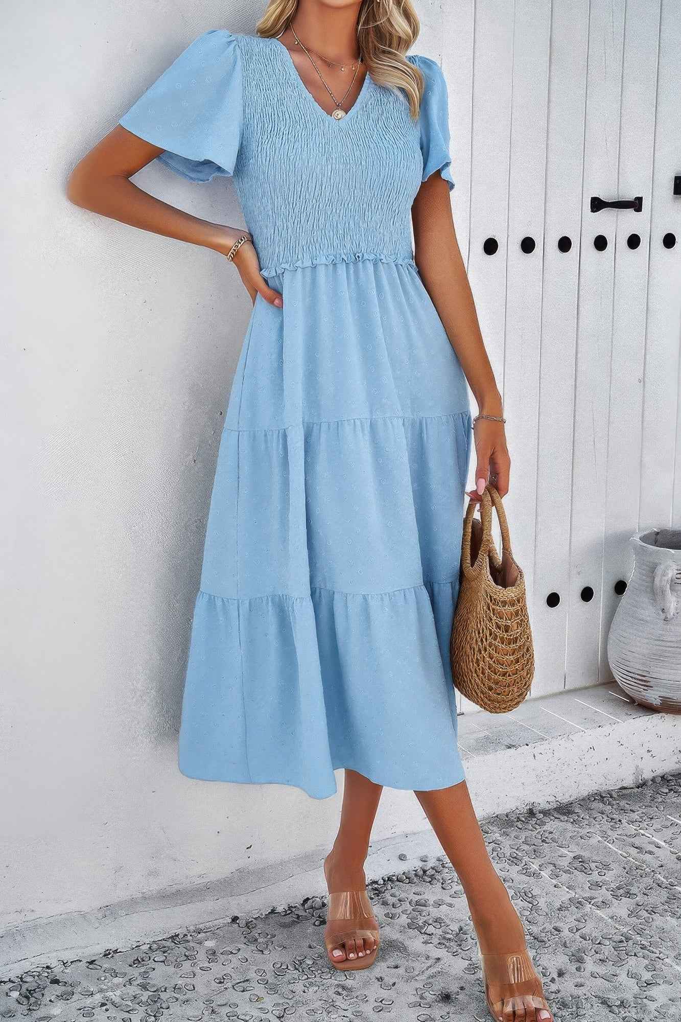 Elegant Ruched V Neck Short Sleeve Pleated Dress