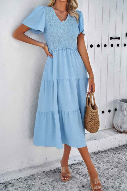 Elegant Ruched V Neck Short Sleeve Pleated Dress