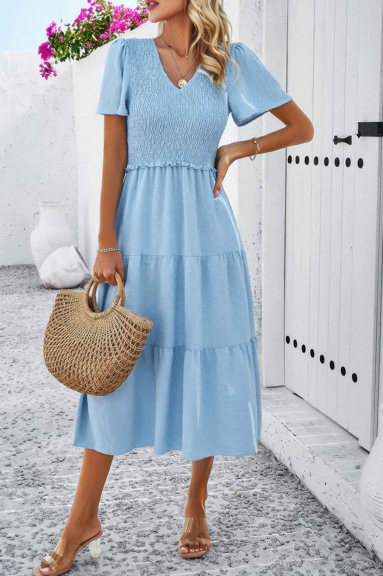 Elegant Ruched V Neck Short Sleeve Pleated Dress