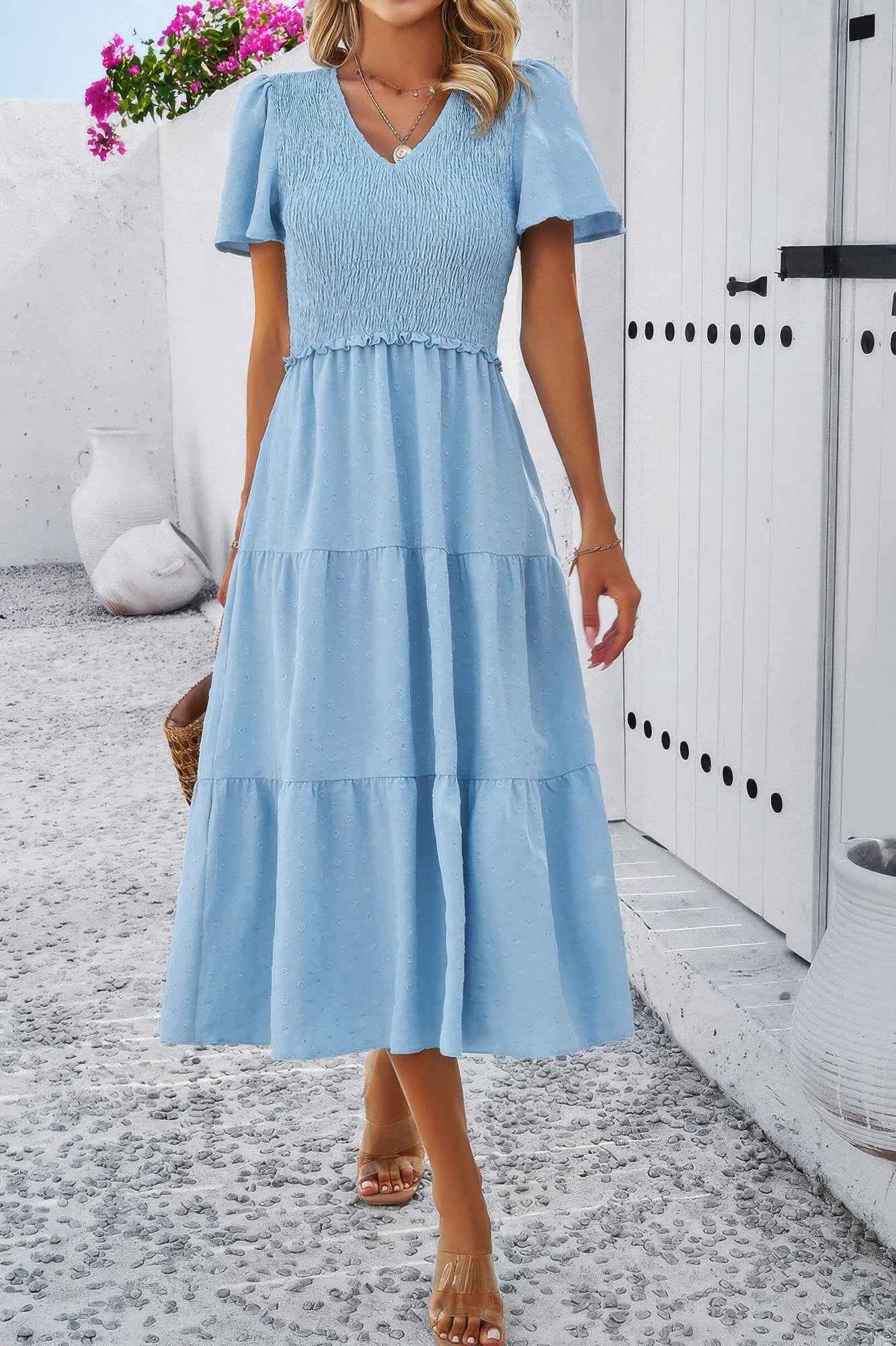 Elegant Ruched V Neck Short Sleeve Pleated Dress
