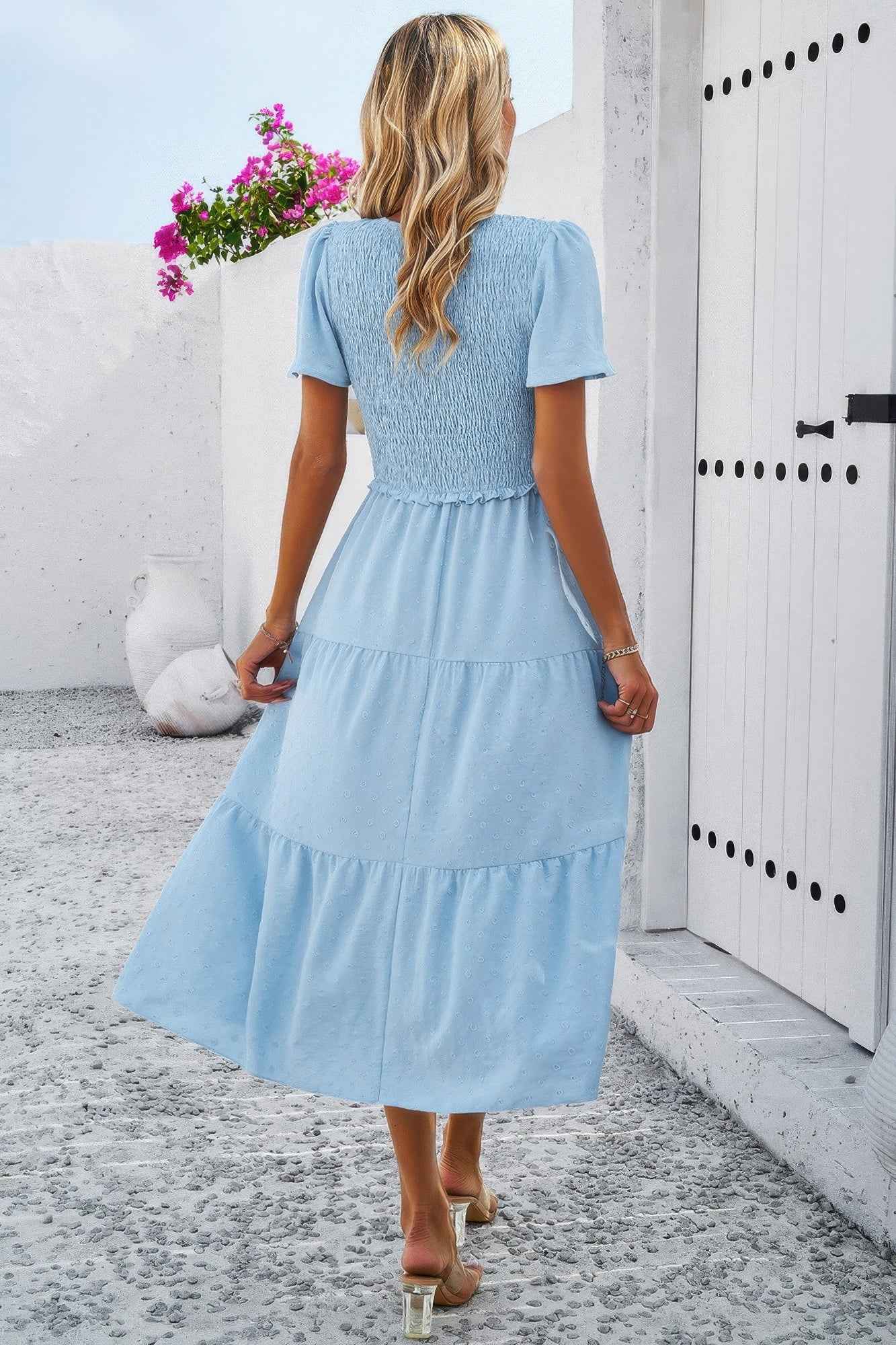 Elegant Ruched V Neck Short Sleeve Pleated Dress