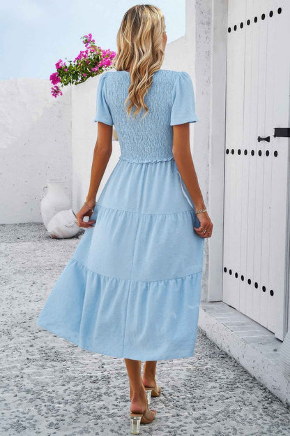Elegant Ruched V Neck Short Sleeve Pleated Dress