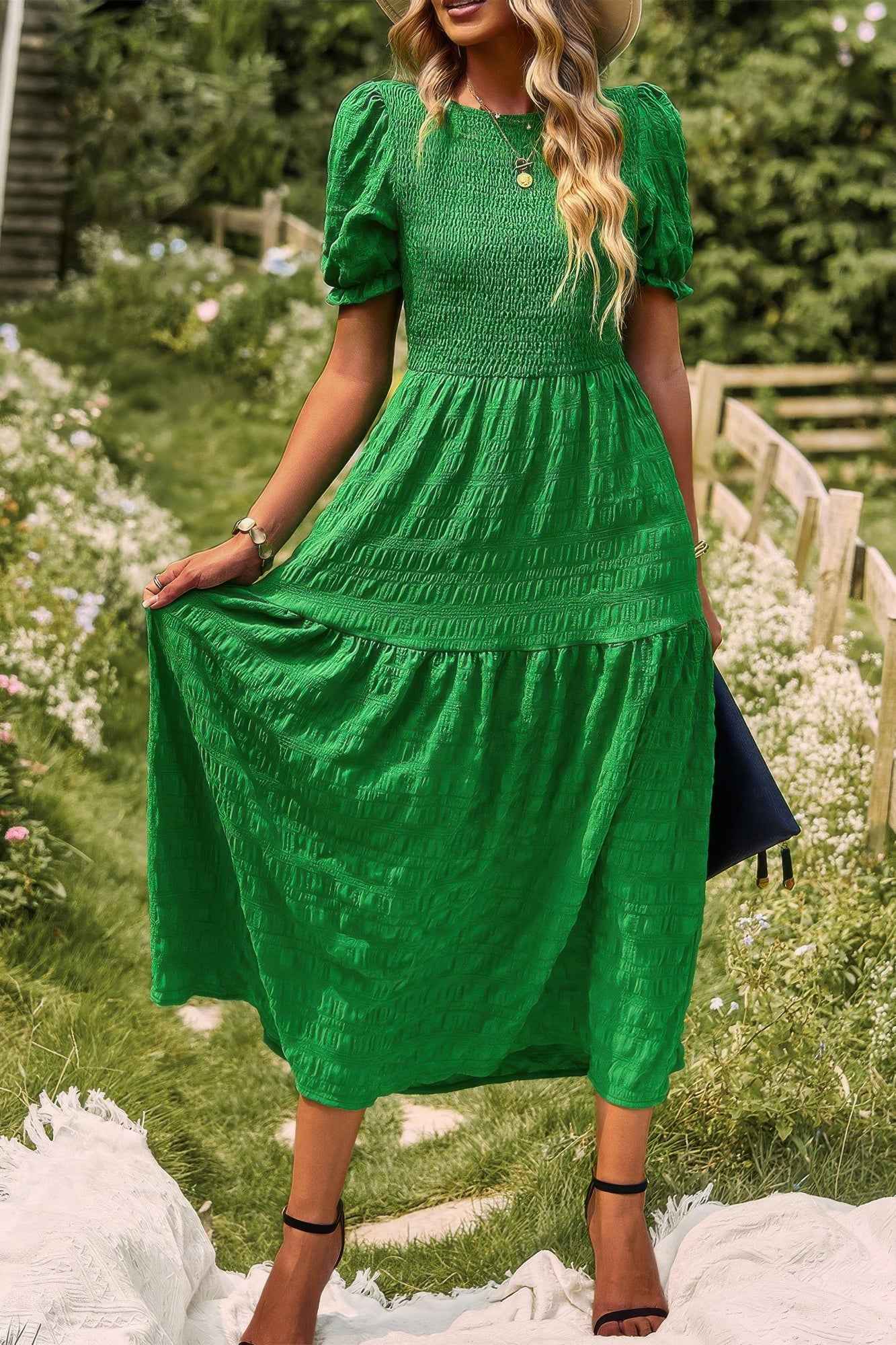 Pleated Tiered Solid Short Puff Sleeve A Line Dres