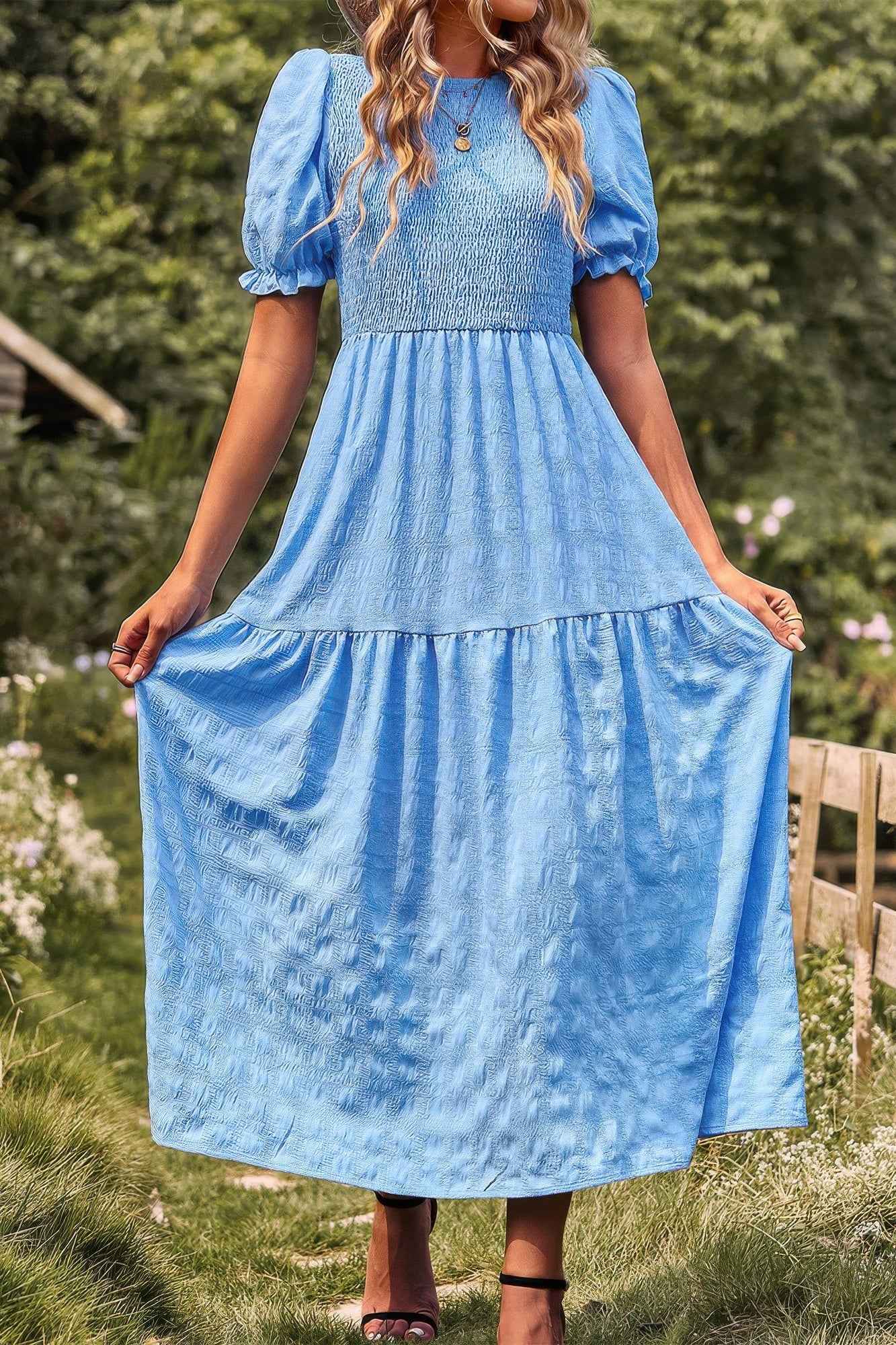 Pleated Tiered Solid Short Puff Sleeve A Line Dres