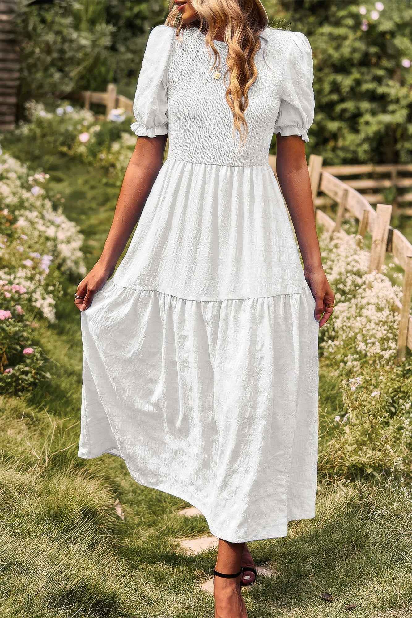 Pleated Tiered Solid Short Puff Sleeve A Line Dres