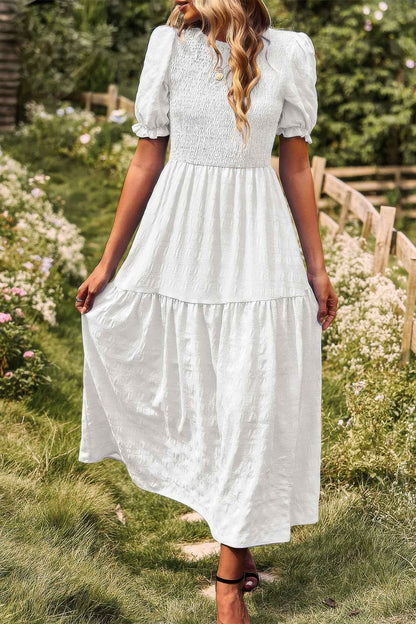 Pleated Tiered Solid Short Puff Sleeve A Line Dres